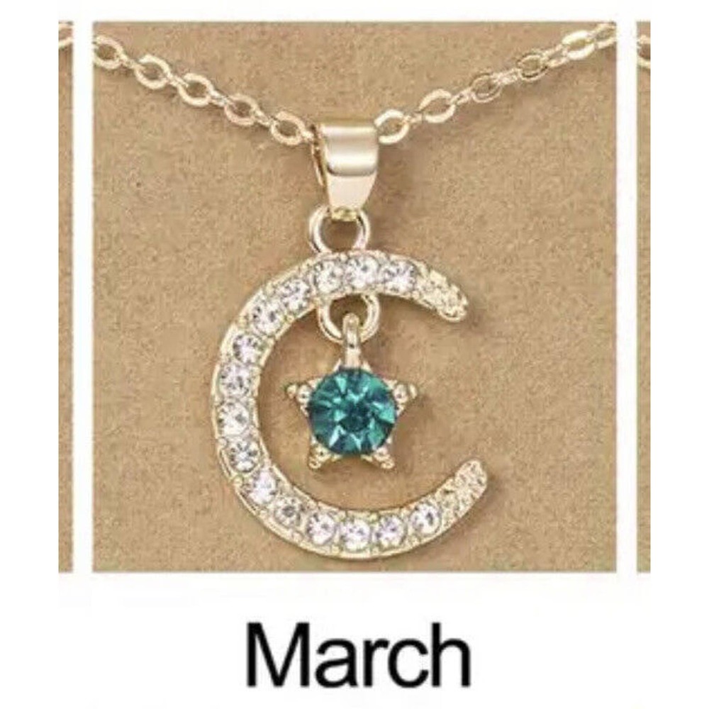 New Star Crystal March Birthstone Neckless For Woman Gold Color-w/Wish Card.
